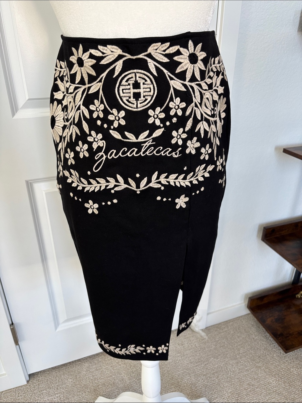 Black Embroidered Pencil Skirt with Cream Floral Motif